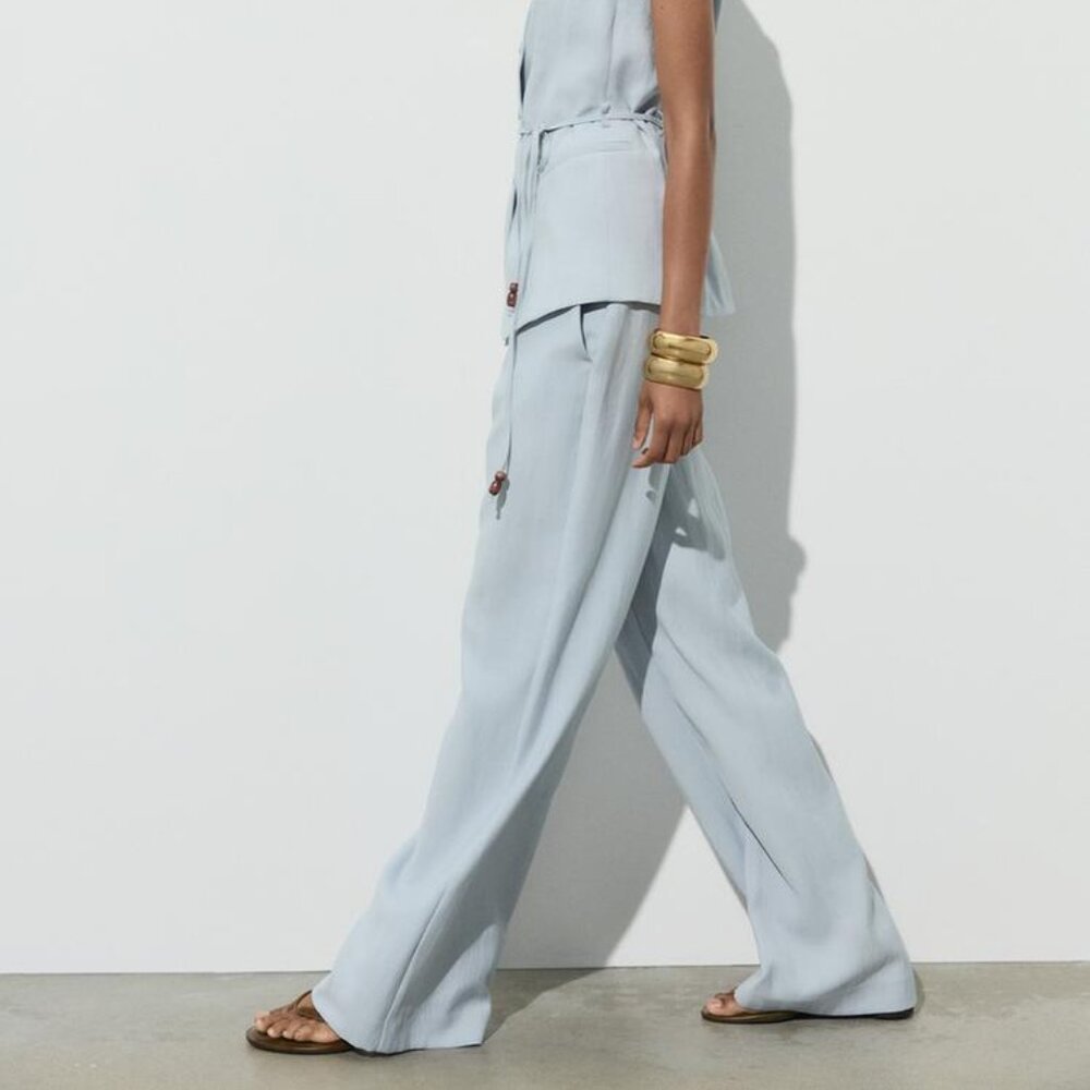 Zara Light Blue Beaded Belt Vest & High-Waisted Straight Leg Pants Co-Ord Set XS - Picture 6 of 16